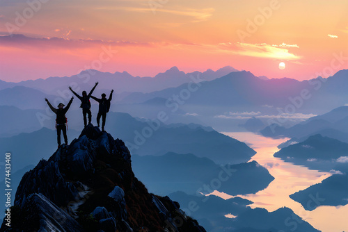 Generative AI illustration of a group of people having fun in success victory and happy pose with raised arms on mountain top against sunset mountains. photo