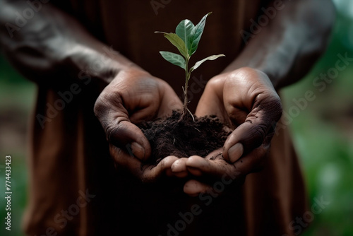 Hands of african man holding young plant in sunshine. Environment conservation, reforestation, climate change. Dark mood. Generative AI.