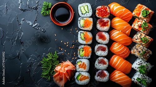 Set of sushi and rolls on a dark stone background. Food advertising. Banner, menu.