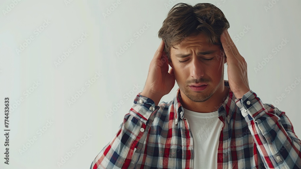 Man covers ears with hands in discomfort, likely from a headache - obrazy, fototapety, plakaty 
