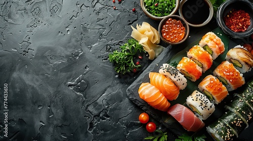 Set of sushi and rolls on a dark stone background. Food advertising. Banner, menu.