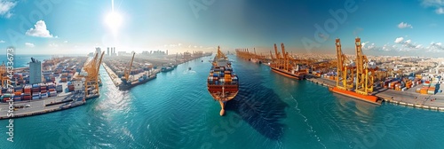 Container vessel at bustling port, demonstrating international trade connectivity.