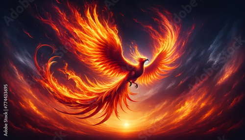 Phoenix with wings engulfed in vibrant flames
