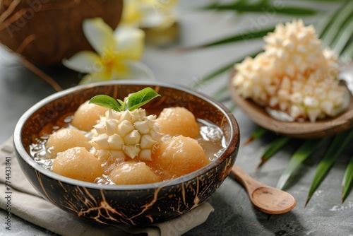 Thai dessert with crunchy water chestnut in syrup coconut milk young coconut meat fresh Jack fruit focused with copy space photo