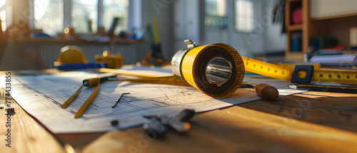 A yellow tape measure and various construction tools are arranged on top of blueprints on a table. An engineer working area with construction plans, yellow helmet, and drawing tools on blueprints. photo