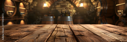  Wooden Table with Wine Cellar Brown wooden wine beer barrel stacked background ,Old wine cellar of winery with wooden barrels, vintage casks in dark medieval storage background  photo