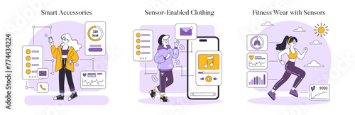 Tech-Infused Fashion set. Showcasing wearable technology with smart accessories, sensor-embedded clothing, and fitness gear for a connected lifestyle. Vector illustration