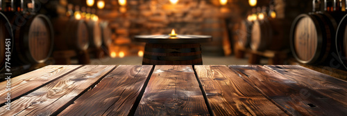 Empty wooden table display with blurred wine cellar background. Warm and Cozy Wine Cellar with Barrels in Soft Lighting on bar background ,wooden cellar with a big copy space for product   photo