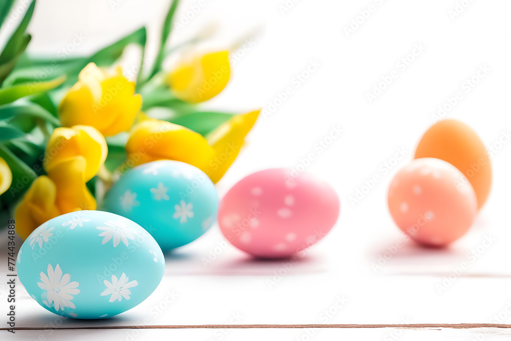 Colorful easter eggs and spring tulips on white wooden background Colorful easter eggs and spring tulips on white wooden background