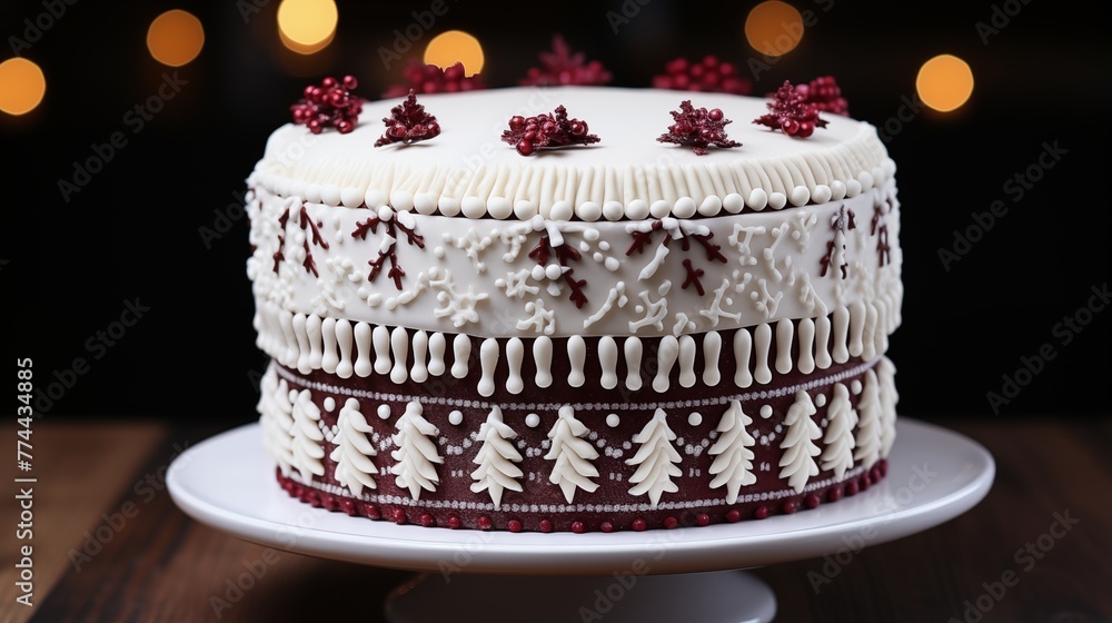 Holiday sweater cake with fondant sweater patterns, snowflakes, and reindeer. Holiday sweater cake with fondant sweater patterns, snowflakes, and reindeer.