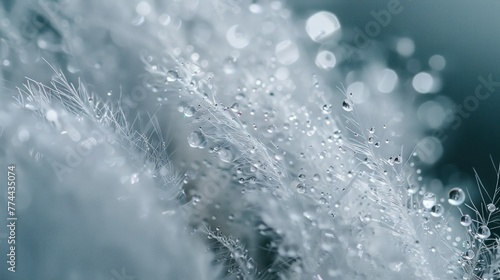 Macro view detailed of water droplets on white fluffy feathers texture background. AI generated