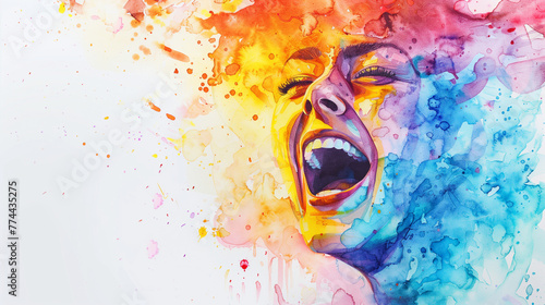 Beautiful laughing woman face abstract watercolor illustration on the paper. happy smile. Happiness emotions. Concepts about emotional health, joy, pleasure, enjoy. Psychology, mentality,feeling.