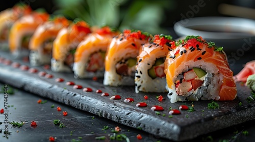 Beautiful sushi and rolls on a dark stone background. Food advertising. Banner, menu.