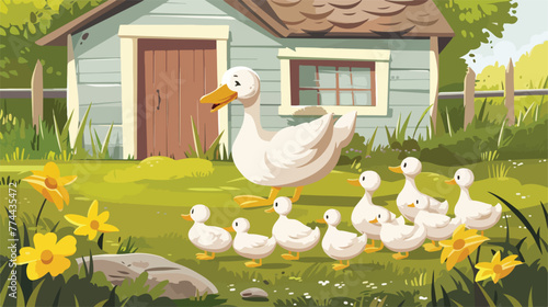 Illustration of a duck and her ducklings outside th