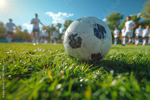Soccer players in action on lush green pitch with ball upfront photo