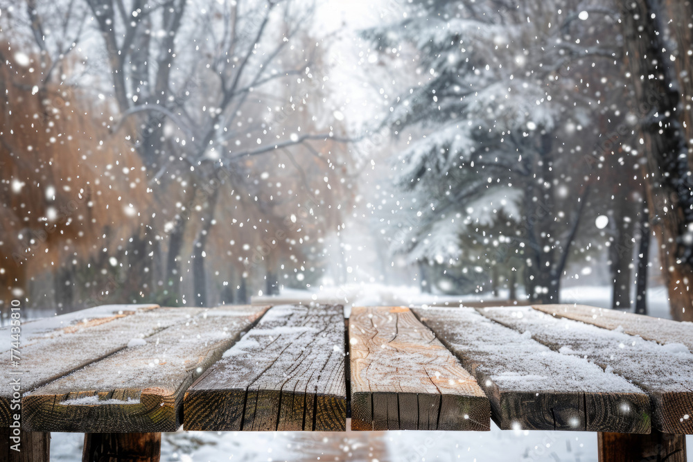 Winter Wonderland: Snowy Background with Rustic Wood Planks