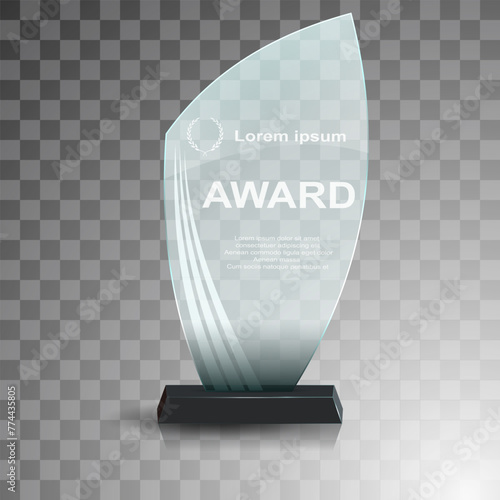 Glass winner trophies. Glass Trophy Awards. First place award, crystal prize and signed acrylic trophies. Glass award trophy or winner prize realistic vector illustration. Transparent crystal plate or