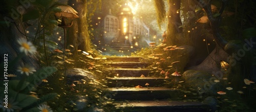 Fantasy enchanted fairy tale forest with magical opening secret wooden door and stairs leading to mystical shine light outside the gate,
