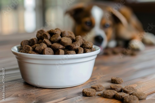 Yummy wet dog food in a white dish photo