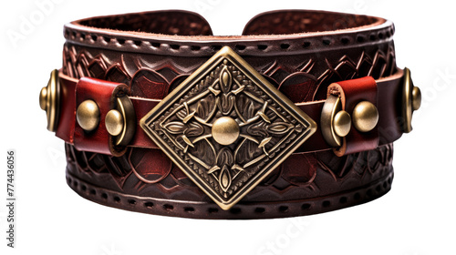 Brown leather cuff bracelet featuring intricate gold accents for a touch of sophistication and style
