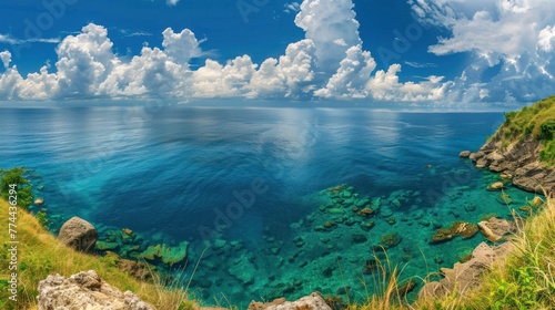 Beautiful seascape landscape with cloud on blue sky at sunny day scene. AI generated image