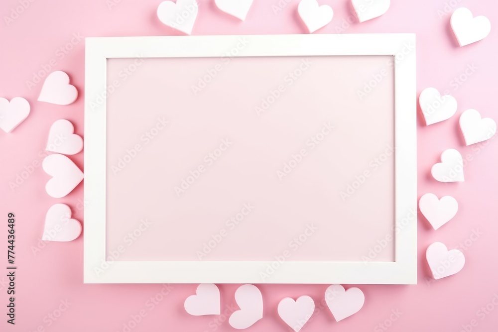 Pink hearts surrounding a blank frame on a pastel pink background, Valentine's Day concept.