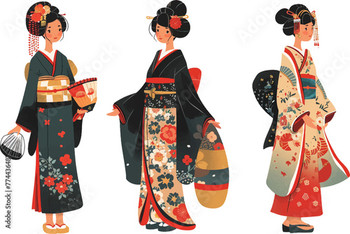 Illustration of female portrait Japanese Geisha with kimono, japan woman in traditional ornament art set collection