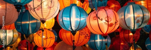 Vibrant festival lantern texture, with paper lanterns in a multitude of colors and patterns, lighting up the night sky in celebration of traditions created with Generative AI Technology photo