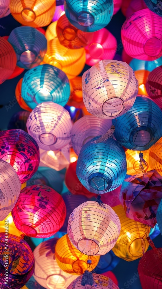 Vibrant festival lantern texture, with paper lanterns in a multitude of colors and patterns, lighting up the night sky in celebration of traditions created with Generative AI Technology
