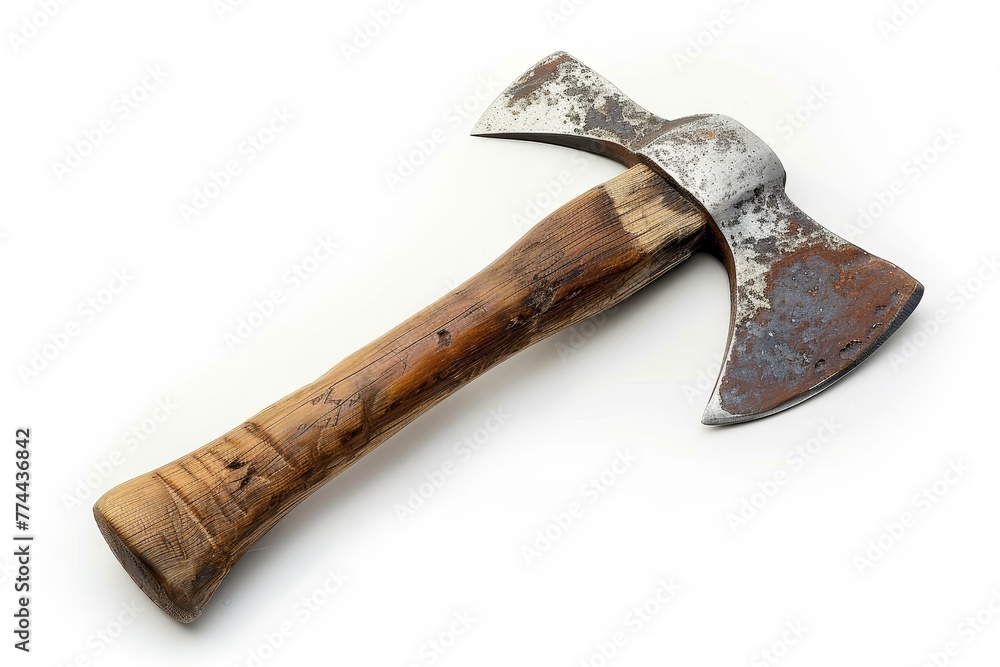 Vintage hatchet with wooden handle isolated on white background