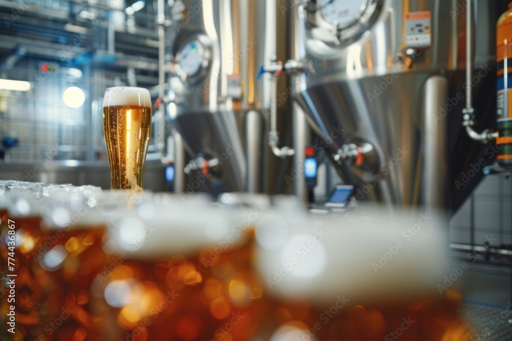Brewery production line with fresh beer in glasses. Alcoholic drink manufacturing process. Brewery production line with fresh beer in glasses. Alcoholic drink manufacturing process.