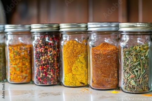 An assortment of spices in glass jars on a white shelf. Isolated on a white background.