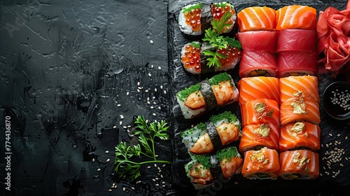 Set of sushi and rolls on a dark stone background. Food advertising. Banner, menu.