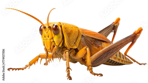 A detailed close-up of a vibrant green grasshopper sitting calmly on a stark white background