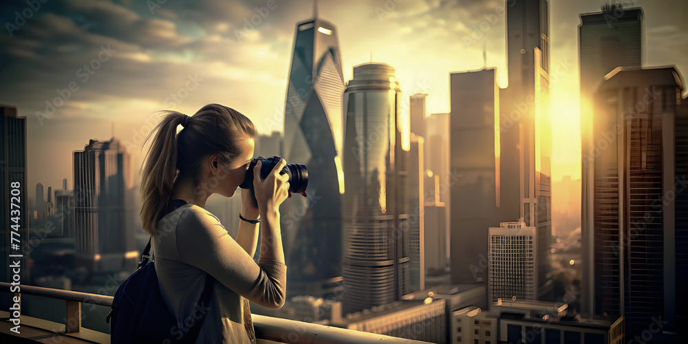 Young woman immersed in a cosmopolitan cityscape, capturing streets architecture on her DSLR camera. - obrazy, fototapety, plakaty 