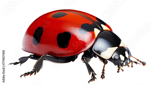 Close-up of a vibrant ladybug exploring a stark white background