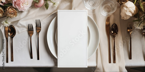fine dining table setting of luxury fancy restaurant menu invitation card mockup for weddings and romantic eating event decoration as wide banner with empty black copy space photo