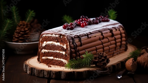 Yule log cake with chocolate sponge cake and whipped cream frosting.