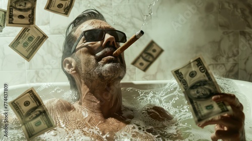 Man with a cigar taking a bath in dollar notes created with Generative AI photo