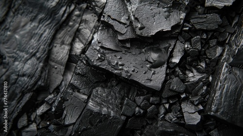 Close up detailed black wet charcoal texture abstract background. AI generated image
