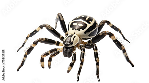 A black and white spider delicately perched on a crisp white background