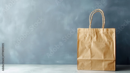 A blank brown paper bag isolated on grey background. Generated AI image photo