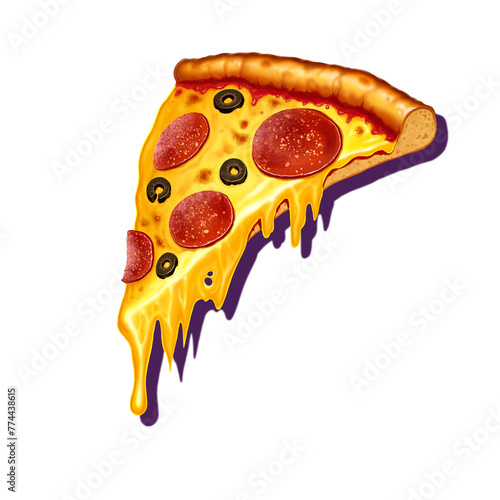 Slice of pizza. Pepperoni pizza on white background, isolated. Pizza with sausage and olives.