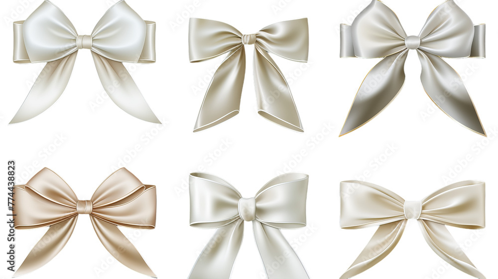 A collection of six unique, colorful bows displayed on a crisp white background