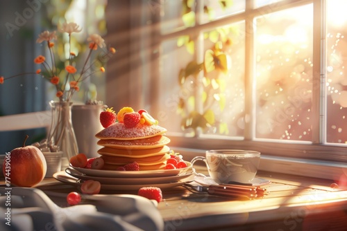 Delicious sweet pancakes with fruits and honey by the Window