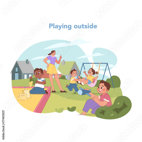 Outdoor playtime at kindergarten. Flat vector illustration
