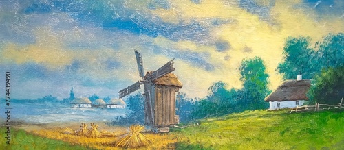 Oil paintings landscape, background made of colorful wild flowers, windmill and flowers, fine art, windmill in the morning