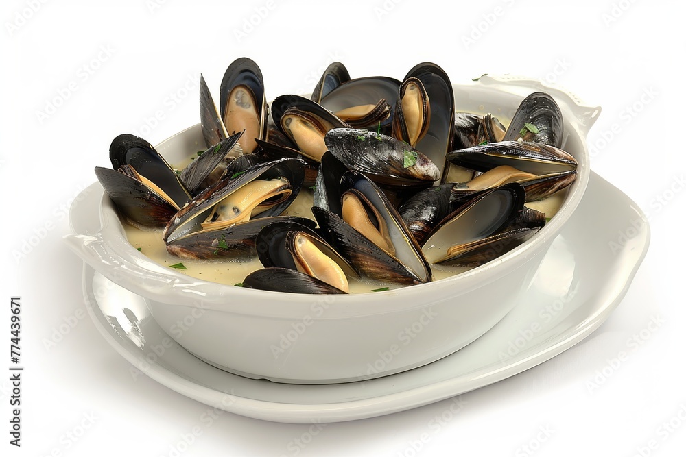 Steamed mussels in a savory broth, garnished with fresh parsley, presented in a white bowl for a refined seafood dining experience Steamed mussels in a savory broth, garnished with fresh parsley, presented in a white bowl for a refined seafood dining experience