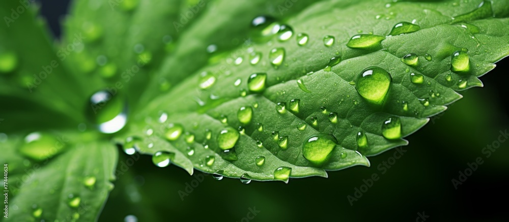Close-up view showcasing a single leaf covered in glistening water droplets, highlighting its natural beauty and freshness Close-up view showcasing a single leaf covered in glistening water droplets, highlighting its natural beauty and freshness