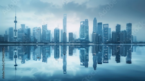 Panoramic reflection waterfront of city skyline in blue tone color. AI generated image